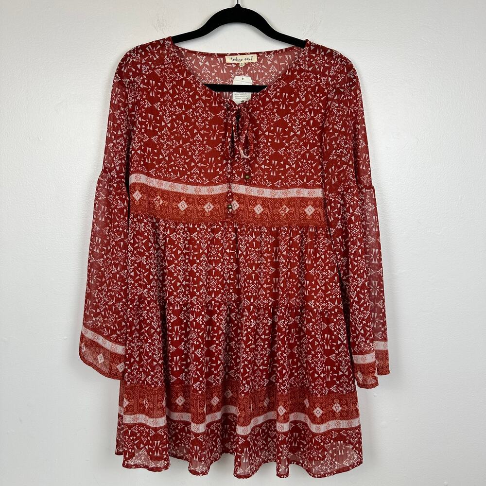 NWT Indigo Soul Womens V-Neck Tie Peasant Long Sleeve Floral Red Dress Small